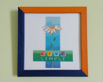 Floral cross stitch picture, framed embroidered wall art, embroidery gift