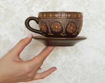Handmade ceramic mug with plate, Handmade pottery mug, Organic eco-friendly ceramic gift, Ceramics gift, Tea Coffee mug with floral pattern
