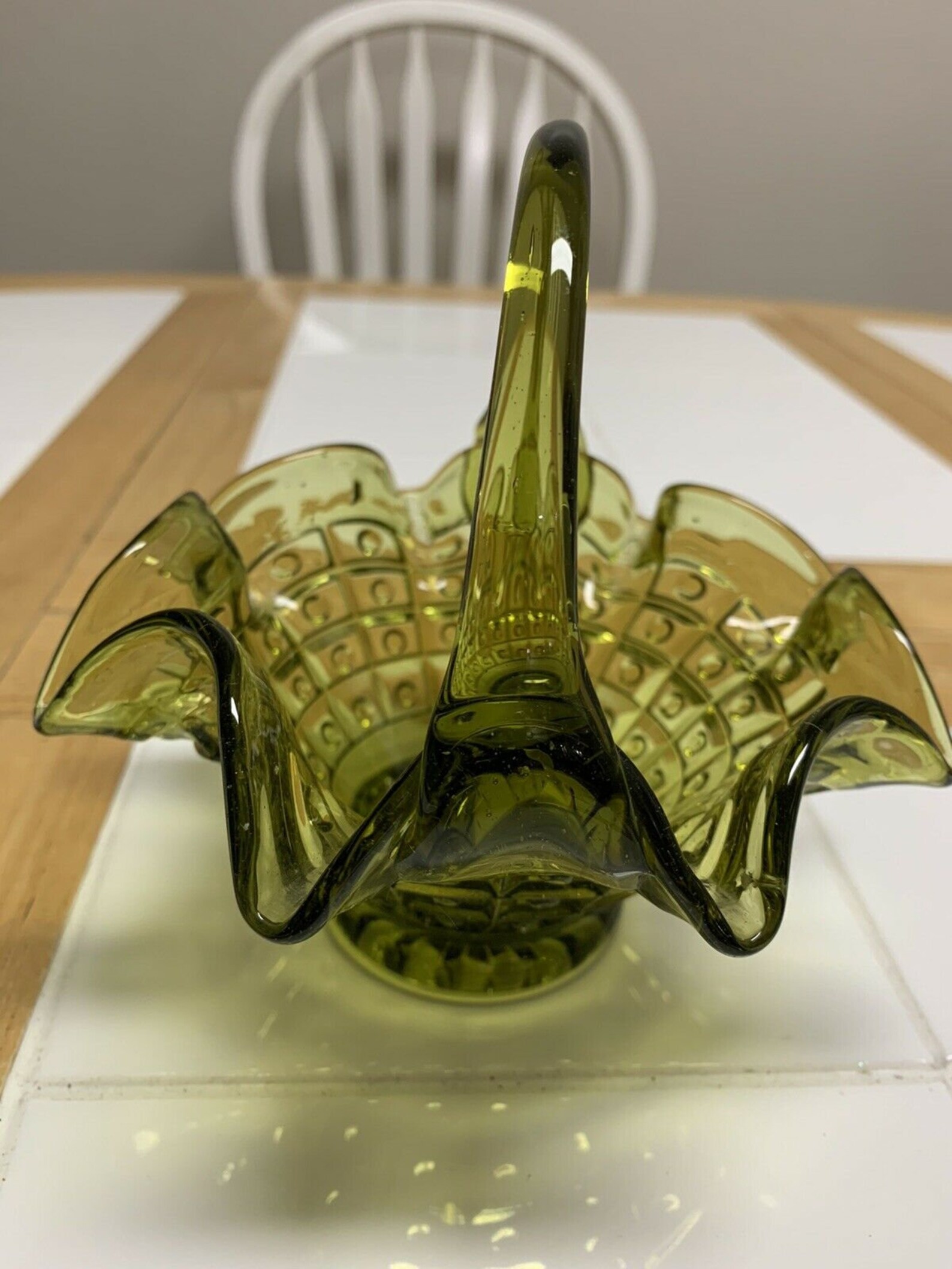 Vintage Fenton Olive Green Glass Basket with Applied Handle Etsy
