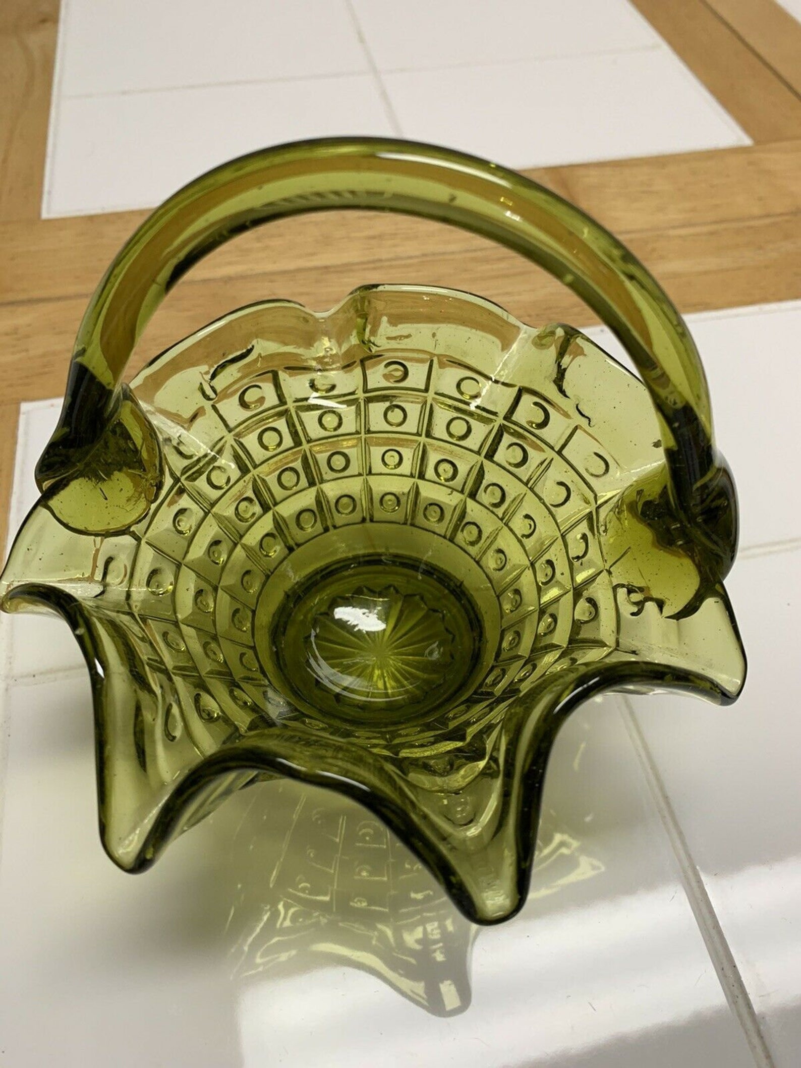 Vintage Fenton Olive Green Glass Basket with Applied Handle Etsy