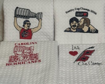 Machine embroidered, single dish towel, Carolina Hurricanes, Stanley Cup Champions