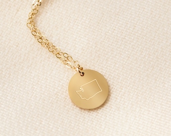 State Outline Gold Filled Disc Necklace, Choose Your State, Long Distance, Engraved, Personalized, Valentine's Day Gift, Gift for Her, USA