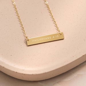 Philippians 4:13 Gold Filled Bar Necklace, Bible Verse, Scripture, Christian Jewelry, Inspirational, Christmas Gift, Motivational, Religious