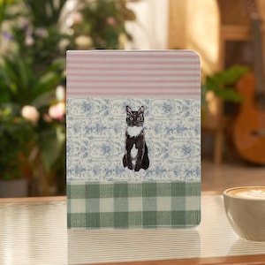 Cozy Cat iPad Case, Pink Green Plaid iPad Cover, Tuxedo Cat Floral Print Case, Cute Kitty Protective Case for iPad Pro/Air/Mini
