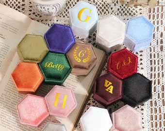 Personalized Velvet Ring Box, Hexagon Velvet Ring Box, Monogram Ring Box, Ring Box for Wedding Ceremony, Double Slot, Personalized Ring Box