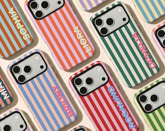 Funda para teléfono sencilla con rayas y nombre personalizado, monograma personalizado, funda delgada y resistente, compatible con iPhone 17e, 16e, 17, 16, 15, 14, 13, 12, 11 Pro Max, Plus y Mini.