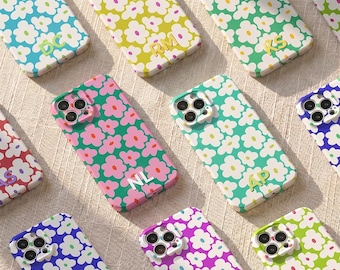 Funda para teléfono con iniciales personalizadas, monograma, margarita, acabado brillante y suave, con estampado floral retro para iPhone 17e, 17, 16, 15, 14, 13, 12, 11 Pro Max, Plus y Mini.