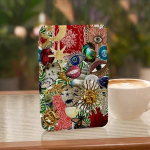 May include: A rectangular tablet case featuring a vibrant collage of various illustrations including a golden sun, a red tiger, a human heart, an eye, a bee, seashells, and floral patterns set against a green and white zebra striped background.