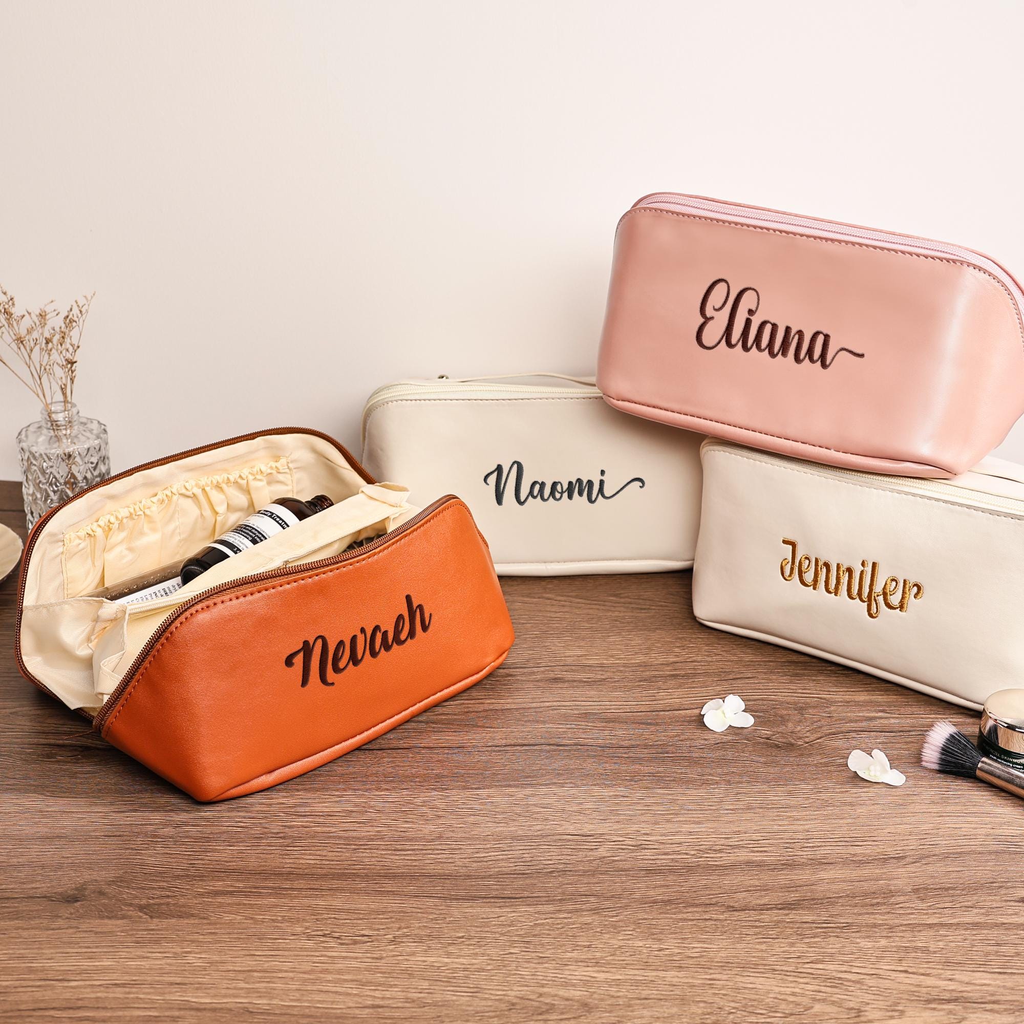 Personalized Leather Cosmetic Bag, Large Embroidered Makeup Bag, Wedding Bridesmaid Gift, Makeup Bag for Women, Travel Makeup Organizer