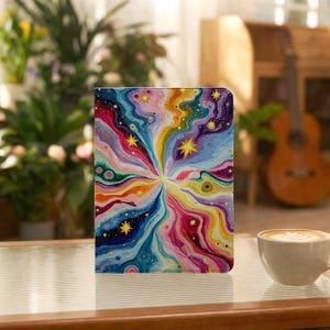 May include: A rectangular tablet case featuring a vibrant, swirling abstract design of radiating waves in shades of blue, purple, pink, yellow, and orange, accented with numerous small gold stars scattered across the colourful, textured surface.