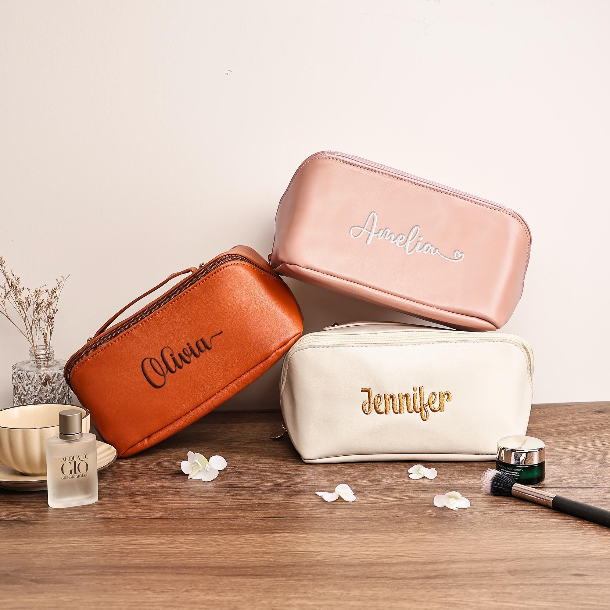 Personalized Leather Cosmetic Bag, Large Embroidered Makeup Bag, Wedding Bridesmaid Gift, Makeup Bag for Women, Travel Makeup Organizer