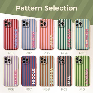 Puede incluir: Diez fundas para tel&eacute;fonos con rayas verticales en varios colores, como rojo, azul, rosa, verde y amarillo. Cada funda presenta un nombre diferente en un color contrastante. El texto "Pattern Selection" est&aacute; en la parte superior.
