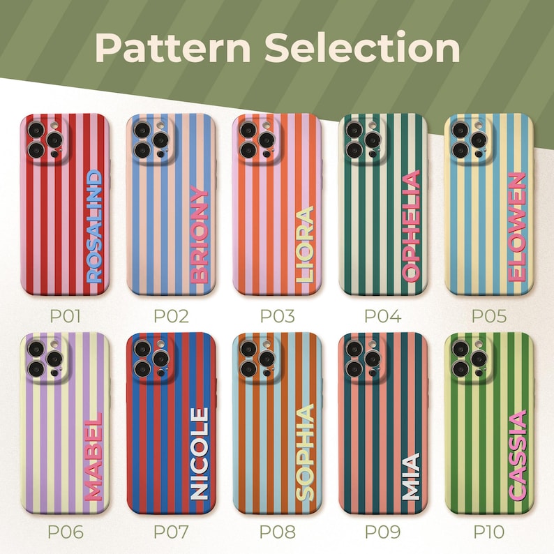 Puede incluir: Diez fundas para tel&eacute;fonos con rayas verticales en varios colores, como rojo, azul, rosa, verde y amarillo. Cada funda presenta un nombre diferente en un color contrastante. El texto "Pattern Selection" est&aacute; en la parte superior.