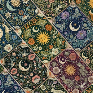 Pode incluir: Uma coleção de cadernos retangulares com ilustrações complexas de sóis, luas, estrelas, mariposas, borboletas, pássaros, gatos e coelhos rodeados por padrões florais em tons de azul profundo, verde e roxo com nomes personalizados.