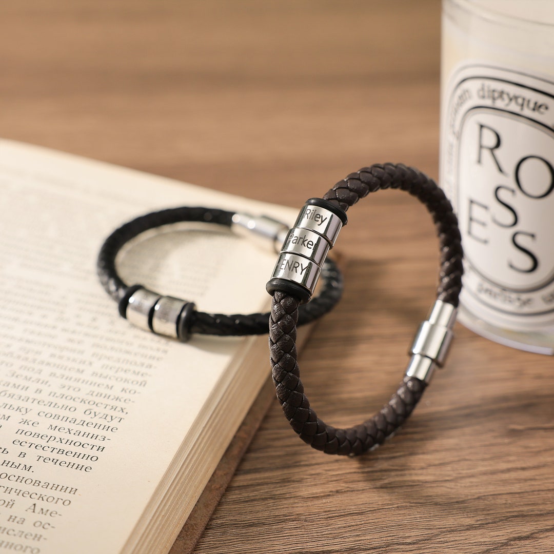 Personalized Leather Bracelet for Men With Kids Name, Custom Beads Mens