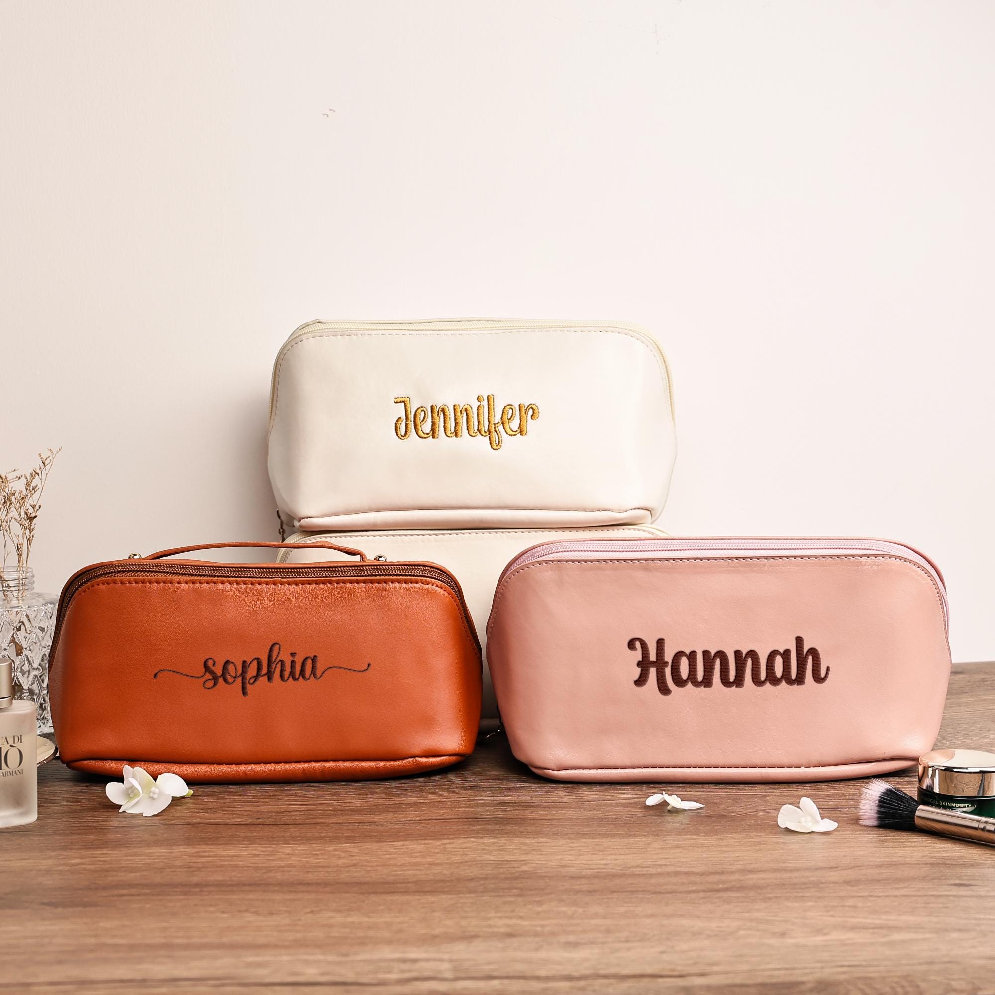 Personalized Leather Cosmetic Bag, Large Embroidered Makeup Bag, Wedding Bridesmaid Gift, Makeup Bag for Women, Travel Makeup Organizer