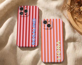 Funda para teléfono suave, brillante y con rayas, con nombre personalizado y monograma. Funda delgada y personalizada para iPhone 17e, 16e, 17, 16, 15, 14, 13, 12, 11 Pro Max, Plus y Mini.