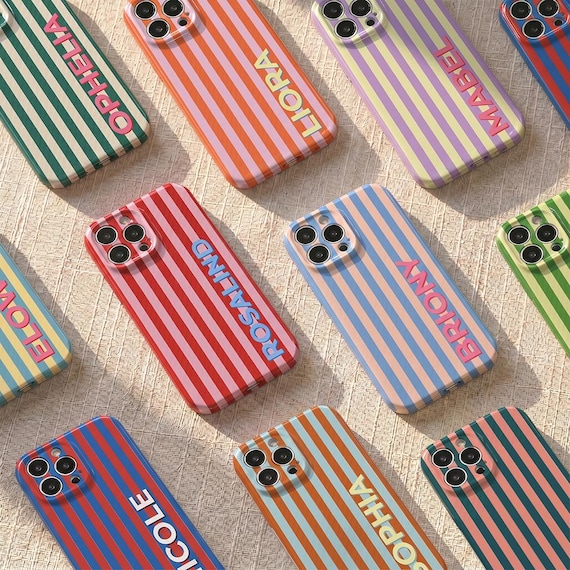 Personalized Name Striped Glossy Soft Phone Case Custom Monogram Slim Fit Cover for iPhone 17e 16e 17 16 15 14 13 12 11 Pro Max, Plus, Mini