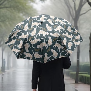 White Cats Umbrella, semi-automatic foldable umbrella, cat lover gift, teal blue umbrella