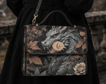 Dragon Crossbody Handbag, Gothic Fantasy Purse, Dragon Lover Gift, Dark Academia Bag, Mythical Dragon Shoulder Bag, Witchy Gothic Handbag