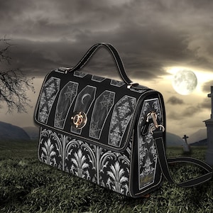 Cartable en toile noire cercueils gothiques, Vampire Dark Academia, sac à main Witchy, sac à poignée supérieure, sac Witchcore, sac à motif rock gothique victorien
