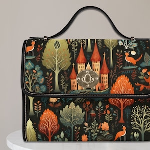Sac cartable en toile rétro château de conte de fées des bois, sac corps croisé cottagecore, cadeau sorcière, sac en cuir végétalien, cadeau sac à main nature art folklorique
