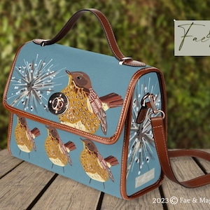 Cartable en toile Cottagecore oiseau d'hiver, sac à main peinture originale, sac à main avec bandoulière, sac bohème oiseau bleu