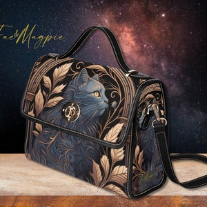 Mystic Grey Cat Witchy Satchel Handtasche, Cottagecore Katzentasche, Gothic Tasche, schwarze Umhängetasche, Katzengeschenk, Dark Academia, Art Deco