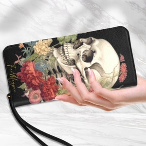 Monedero gótico con diseño de calavera botánica para mujer, monedero cottagecore de Dark Academia, cartera tipo clutch con diseño de esqueleto, regalo witchcore, monedero bohemio gótico.