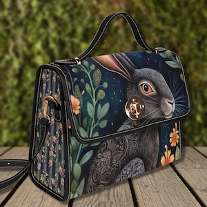 Midnight Hare Dark Cottagecore Canvas Satchel Bag, sac lièvre noir, sac à bandoulière avec poignée supérieure, sac à main boho hippie, sac forêt mystique