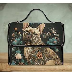 Sac à main Frenchie Satchel, sac à bandoulière en cuir végétalien noir bouledogue français, cadeau chien, art déco, sac à main pour chien cottagecore, sac pour amoureux des chiens
