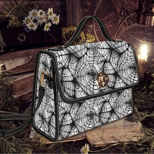 Cartable rétro gothique en toile d'araignée, sac à bandoulière en cuir végétalien witchcore, cadeau sac à bandoulière fantaisiste, sac à main en toile sorcière Cottagecore