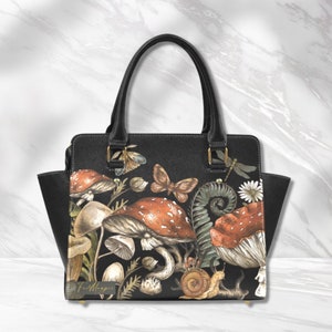 Witchy Wood Handbag, Cottagecore Mushrooms Bag, Goth bag, Boho Forest Witch Black Vegan Leather Shoulder Bag, Hippies Boho Gift