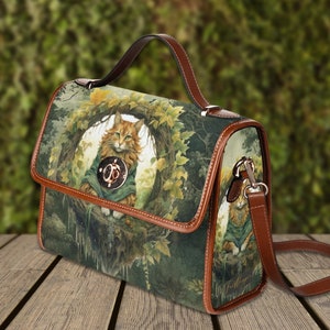 Sac cartable en toile chat vert sorcière, sac à bandoulière avec poignée supérieure chat sorcier, sac de forêt mystique witchcore, sac à main forestcore goblincore
