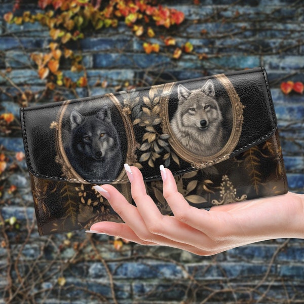 Vintage Wolf Wallet, Victorian purse, gothic werewolf flap wallet, witchcore purse, vegan leather purse, witchy wolf gift, wolf lover gift