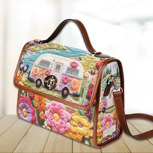 Sac à main de camping-car rétro en toile boho, sac à bandoulière mignon avec poignée sur le dessus, sac à main bohème hippie style broderie, sac à main de voyage