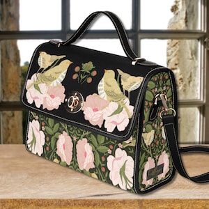 Bolso de lona estilo Morris con diseño de pájaros y flores, estilo cottagecore, bolso negro y rosa, bolso de hombro con asa superior, bolso bohemio, bolso para manualidades.