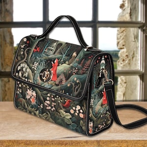 Sac à main Fairytale Forest Retro Satchel, sac en renard cottagecore forestier, joli sac en renard, sac à bandoulière en cuir végétalien, cadeau sac à bandoulière fantaisie