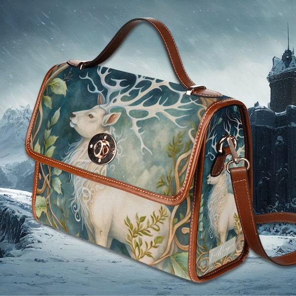 Cottagecore forest animal Canvas Satchel Bag, purse, forestcore Bag, bohemian handbag, mystical creatures bag, Narnia White Stag Bag