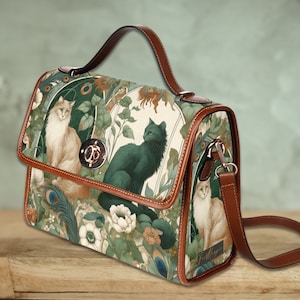 Cottagecore Boho Cats Satchel Handtasche, Grüne Hexe Katzentasche, Braune Katzentasche, Umhängetasche aus veganem Leder, Geschenk für Katzenliebhaber
