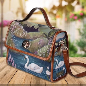 Sac cartable en toile rétro du lac des cygnes, sac corps croisé oiseau, sac à fleurs bleu, sac en cuir végétalien, cadeau de sac à main d'amant de cygne, cygne blanc