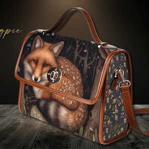 Sac cartable en toile Midnight Fox Cottagecore foncé, sac en renard noir, sac à bandoulière avec poignée supérieure, sac à main boho hippie, sac de forêt mystique