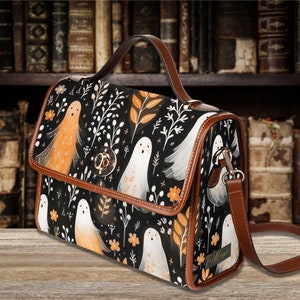Sac cartable en toile Halloween fantômes, sac à main fantôme sombre Academia, sac à main sorcière, sac à poignée supérieure, sac Witchcore, sac boho hippie gothique fantômes
