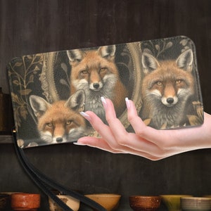 Cartera vintage de zorro con diseño de cottagecore oscuro, cartera de mano con diseño de zorros, regalo de zorro bohemio, bonita cartera con cremallera de zorro, bolso de mano gótico con diseño de zorro del bosque