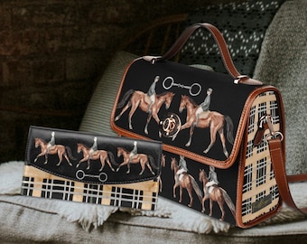Equestrian Horses Black Satchel Handbag, horse riding Bag, horse gift, cottagecore bag, horse pattern handbag, show jumping bag, horse gift