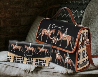 Equestrian Horses Black Satchel Handbag, horse riding Bag, horse gift, cottagecore bag, horse pattern handbag, show jumping bag, horse gift