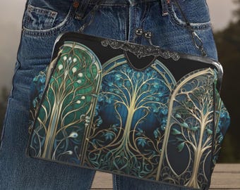Tree of Life Vintage Bag, Kisslock Crossbody Shoulder Bag, Stained Glass Blue Green Purse, Gothic Church Handbag, Black Top Handle Bag