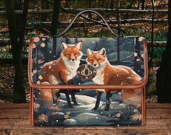 Under Fox Moon Retro Satchel Handbag, forest cottagecore fox bag, cute fox bag, vegan leather shoulder bag, Whimsical crossbody bag gift