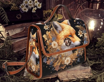 Floral Fox Satchel Bag, Retro Cottagecore Vegan Leather Crossbody