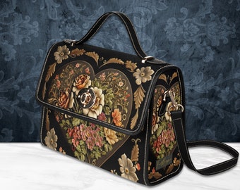 Victorian Floral Heart Satchel, Gothic Charm Vegan Leather Shoulder Bag